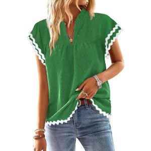 imageFalechay Womens Tops Summer Short Ruffle Sleeve V Neck Blouses Cute Boho Swiss Dot Lace Shirts Casual Flowy RIC Rac Trims TeeKelly Greenw