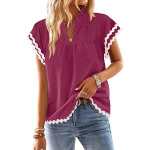 imageFalechay Womens Tops Summer Short Ruffle Sleeve V Neck Blouses Cute Boho Swiss Dot Lace Shirts Casual Flowy RIC Rac Trims TeeMagentaw