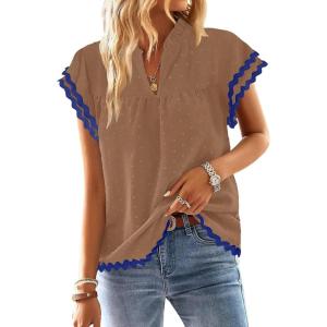 imageFalechay Womens Tops Summer Short Ruffle Sleeve V Neck Blouses Cute Boho Swiss Dot Lace Shirts Casual Flowy RIC Rac Trims TeeMochab