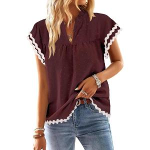 imageFalechay Womens Tops Summer Short Ruffle Sleeve V Neck Blouses Cute Boho Swiss Dot Lace Shirts Casual Flowy RIC Rac Trims TeeMulberryw
