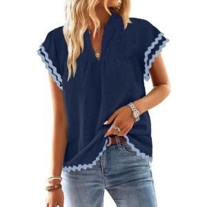 imageFalechay Womens Tops Summer Short Ruffle Sleeve V Neck Blouses Cute Boho Swiss Dot Lace Shirts Casual Flowy RIC Rac Trims TeeNavyb
