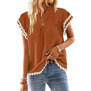 imageFalechay Womens Tops Summer Short Ruffle Sleeve V Neck Blouses Cute Boho Swiss Dot Lace Shirts Casual Flowy RIC Rac Trims TeeOrangew