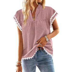 imageFalechay Womens Tops Summer Short Ruffle Sleeve V Neck Blouses Cute Boho Swiss Dot Lace Shirts Casual Flowy RIC Rac Trims TeePinkw