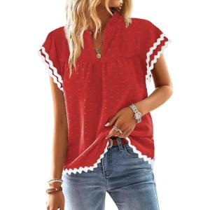 imageFalechay Womens Tops Summer Short Ruffle Sleeve V Neck Blouses Cute Boho Swiss Dot Lace Shirts Casual Flowy RIC Rac Trims TeeRedw