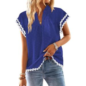 imageFalechay Womens Tops Summer Short Ruffle Sleeve V Neck Blouses Cute Boho Swiss Dot Lace Shirts Casual Flowy RIC Rac Trims TeeRoyal Bluew