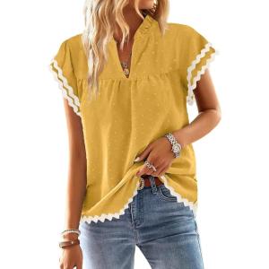 imageFalechay Womens Tops Summer Short Ruffle Sleeve V Neck Blouses Cute Boho Swiss Dot Lace Shirts Casual Flowy RIC Rac Trims TeeYelloww