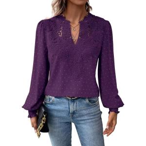 imageFalechay Womens Tops Swiss Dot Boho Long Sleeve Shirts V Neck Casual Chiffon Blouses Flowy Lace Hem Cute Clothing Trendy 2026Dark Purple
