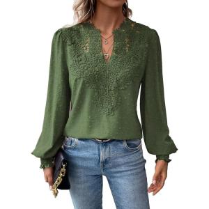imageFalechay Womens Tops Swiss Dot Boho Long Sleeve Shirts V Neck Casual Chiffon Blouses Flowy Lace Hem Cute Clothing Trendy 2026Green