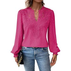 imageFalechay Womens Tops Swiss Dot Boho Long Sleeve Shirts V Neck Casual Chiffon Blouses Flowy Lace Hem Cute Clothing Trendy 2026Hot Pink