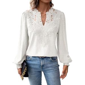 imageFalechay Womens Tops Swiss Dot Boho Long Sleeve Shirts V Neck Casual Chiffon Blouses Flowy Lace Hem Cute Clothing Trendy 2026White