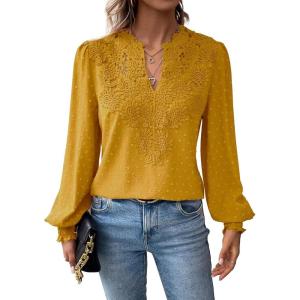 imageFalechay Womens Tops Swiss Dot Boho Long Sleeve Shirts V Neck Casual Chiffon Blouses Flowy Lace Hem Cute Clothing Trendy 2026Yellow
