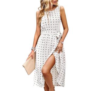 imageFalechay Summer Dresses for Women 2026 Belted Sleeveless Split Midi Dress Casual Crew Neck Boho Sundress with PocketsWhite
