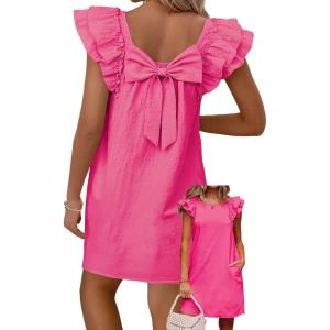 imageFalechay Womens Summer Dresses Bow Tie Back Sundresses for Women Ruffle Short Sleeve Dress Casual Cute Sundress with PocketsHot Pink