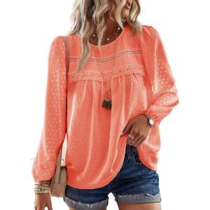 imageFalechay Boho Tops for Women Long Sleeve Shirts Crewneck Flowy Womens Blouses Dressy Casual Lace Hem Clothing Trendy 2026Bright Orange