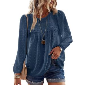imageFalechay Boho Tops for Women Long Sleeve Shirts Crewneck Flowy Womens Blouses Dressy Casual Lace Hem Clothing Trendy 2026Lake Blue