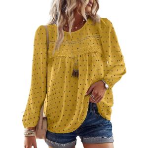 imageFalechay Boho Tops for Women Long Sleeve Shirts Crewneck Flowy Womens Blouses Dressy Casual Lace Hem Clothing Trendy 2026Yellowblack Dots