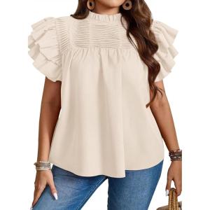 imageFalechay Womens Summer Tops Plus Size Ruffle Sleeve Blouses Dressy Casual Mock Neck Pleated Tunic Loose Fit ShirtsApricot