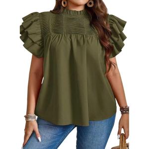 imageFalechay Womens Summer Tops Plus Size Ruffle Sleeve Blouses Dressy Casual Mock Neck Pleated Tunic Loose Fit ShirtsArmy Green