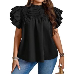 imageFalechay Womens Summer Tops Plus Size Ruffle Sleeve Blouses Dressy Casual Mock Neck Pleated Tunic Loose Fit ShirtsBlack