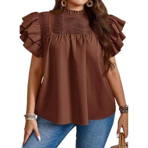 imageFalechay Womens Summer Tops Plus Size Ruffle Sleeve Blouses Dressy Casual Mock Neck Pleated Tunic Loose Fit ShirtsBrown