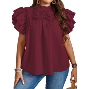 imageFalechay Womens Summer Tops Plus Size Ruffle Sleeve Blouses Dressy Casual Mock Neck Pleated Tunic Loose Fit ShirtsBurgundy