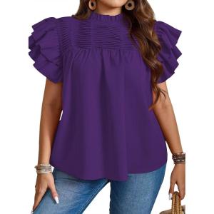imageFalechay Womens Summer Tops Plus Size Ruffle Sleeve Blouses Dressy Casual Mock Neck Pleated Tunic Loose Fit ShirtsDark Purple