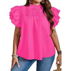 imageFalechay Womens Summer Tops Plus Size Ruffle Sleeve Blouses Dressy Casual Mock Neck Pleated Tunic Loose Fit ShirtsHot Pink