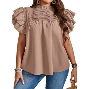 imageFalechay Womens Summer Tops Plus Size Ruffle Sleeve Blouses Dressy Casual Mock Neck Pleated Tunic Loose Fit ShirtsKhaki