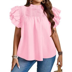 imageFalechay Womens Summer Tops Plus Size Ruffle Sleeve Blouses Dressy Casual Mock Neck Pleated Tunic Loose Fit ShirtsLight Pink