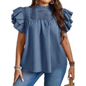 imageFalechay Womens Summer Tops Plus Size Ruffle Sleeve Blouses Dressy Casual Mock Neck Pleated Tunic Loose Fit ShirtsNavy Blue