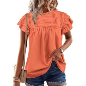 imageFalechay Womens Summer Tops Plus Size Ruffle Sleeve Blouses Dressy Casual Mock Neck Pleated Tunic Loose Fit ShirtsOrange1