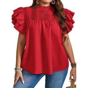 imageFalechay Womens Summer Tops Plus Size Ruffle Sleeve Blouses Dressy Casual Mock Neck Pleated Tunic Loose Fit ShirtsRed