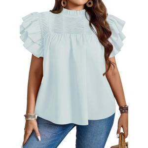 imageFalechay Womens Summer Tops Plus Size Ruffle Sleeve Blouses Dressy Casual Mock Neck Pleated Tunic Loose Fit ShirtsSage Green
