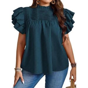 imageFalechay Womens Summer Tops Plus Size Ruffle Sleeve Blouses Dressy Casual Mock Neck Pleated Tunic Loose Fit ShirtsTurquoise