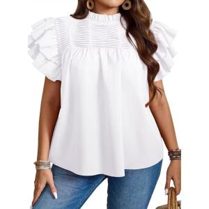 imageFalechay Womens Summer Tops Plus Size Ruffle Sleeve Blouses Dressy Casual Mock Neck Pleated Tunic Loose Fit ShirtsWhite