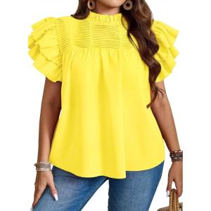 imageFalechay Womens Summer Tops Plus Size Ruffle Sleeve Blouses Dressy Casual Mock Neck Pleated Tunic Loose Fit ShirtsYellow