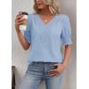 imageFalechay Womens Summer Tops Short Sleeve Shirts V Neck Lace Casual Loose Fit Blouses Boho Flowy Clothing Trendy 2026Blue