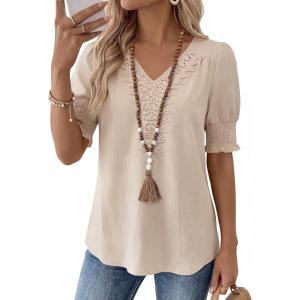 imageFalechay Womens Summer Tops Short Sleeve Shirts V Neck Lace Casual Loose Fit Blouses Boho Flowy Clothing Trendy 2026Apricot
