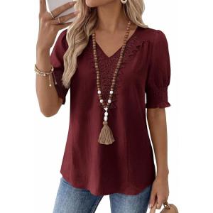 imageFalechay Womens Summer Tops Short Sleeve Shirts V Neck Lace Casual Loose Fit Blouses Boho Flowy Clothing Trendy 2026Burgundy