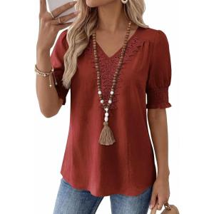 imageFalechay Womens Summer Tops Short Sleeve Shirts V Neck Lace Casual Loose Fit Blouses Boho Flowy Clothing Trendy 2026Orange1