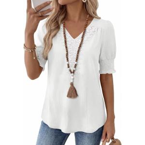 imageFalechay Womens Summer Tops Short Sleeve Shirts V Neck Lace Casual Loose Fit Blouses Boho Flowy Clothing Trendy 2026White1