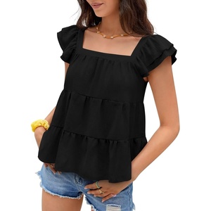 image:imageFalechay Womens Summer Tops Ruffle Sleeve Cute Babydoll Blouses Square Neck Flowy Peplum Pleated Casual Loose Fit ShirtsBlack1