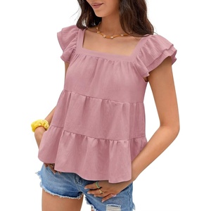 image:imageFalechay Womens Summer Tops Ruffle Sleeve Cute Babydoll Blouses Square Neck Flowy Peplum Pleated Casual Loose Fit ShirtsPink1