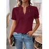 image:imageFalechay Womens Summer Tops Boho Short Sleeve Shirts V Neck Casual Chiffon Blouses Flowy Lace Hem Spring Clothing Trendy 2025Burgundy