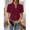 image:imageFalechay Womens Summer Tops Boho Short Sleeve Shirts V Neck Casual Chiffon Blouses Flowy Lace Hem Spring Clothing Trendy 2025Burgundy