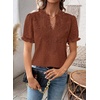 image:imageFalechay Womens Summer Tops Boho Short Sleeve Shirts V Neck Casual Chiffon Blouses Flowy Lace Hem Spring Clothing Trendy 2025Orange