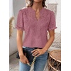 image:imageFalechay Womens Summer Tops Boho Short Sleeve Shirts V Neck Casual Chiffon Blouses Flowy Lace Hem Spring Clothing Trendy 2025Pink