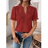 image:imageFalechay Womens Summer Tops Boho Short Sleeve Shirts V Neck Casual Chiffon Blouses Flowy Lace Hem Spring Clothing Trendy 2025Red