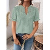 image:imageFalechay Womens Summer Tops Boho Short Sleeve Shirts V Neck Casual Chiffon Blouses Flowy Lace Hem Spring Clothing Trendy 2025Sage Green