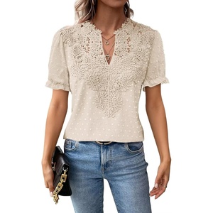 image:imageFalechay Womens Summer Tops Boho Short Sleeve Shirts V Neck Casual Chiffon Blouses Flowy Lace Hem Spring Clothing Trendy 2025Apricot